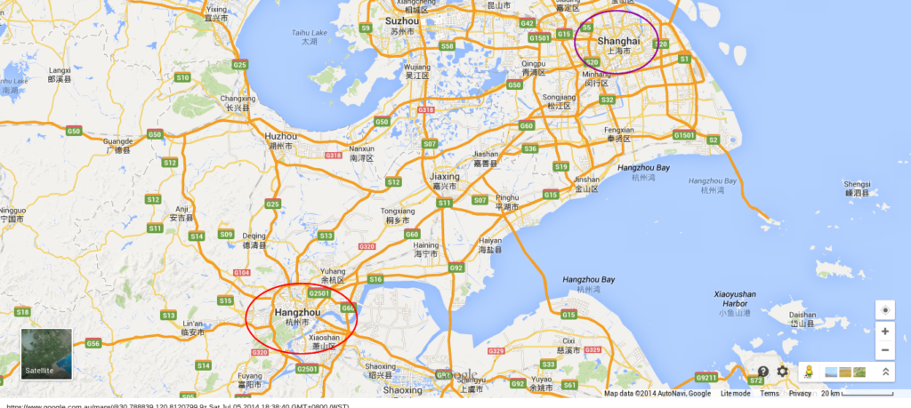 Distance from Shanghai to green tea garden in Hangzhou area.